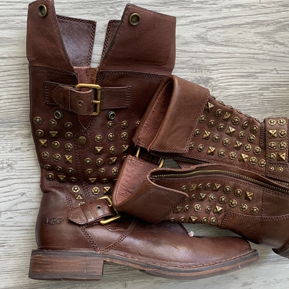 🌻SALE!🌻UGG Australia Conor leather antique hammered studded brown biker boot - Picture 7 of 7